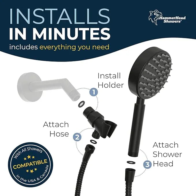 HammerHead Showers® Solid Metal Handheld Shower Head with Hose and Brass Holder - MATTE BLACK - 2.5 GPM High Pressure Shower Heads with Adjustable Shower Wand Bracket - 6ft Flexible Extension - ModernBath