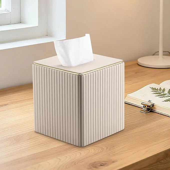 KINGFOM Square Tissue Box Cover, PU Leather Tissue Box Holder for Kleenexs with Magnetic Bottom Cover for Facial Tissues/Napkins, Office & Living Room Decor Box Beige - ModernBath