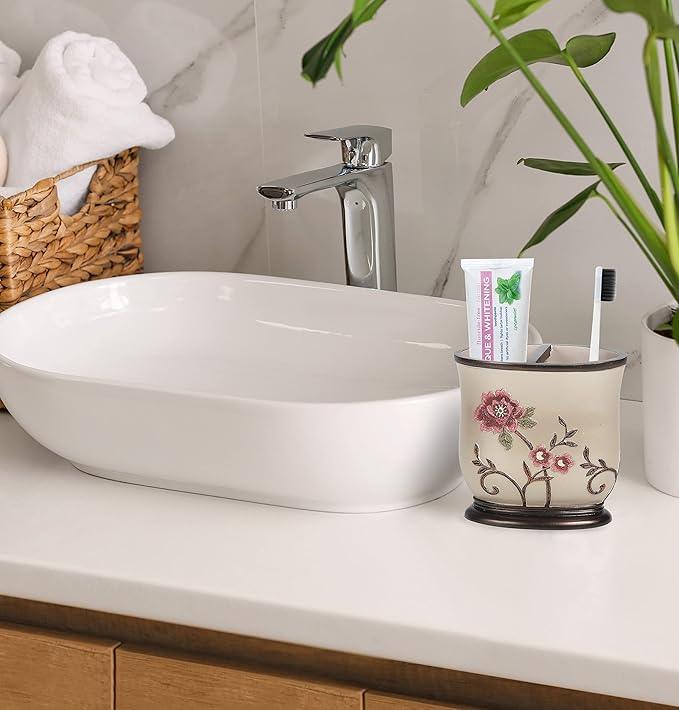 Zahari Home 4pc Larrisa Floral Bathroom Accessories Sets Modern Classic Flower Soap Dispenser, Tumbler, Tooth Brush Holder and Soap Dish Holder Luxury Decor Unique Design Stylish Bathroom Sets - ModernBath