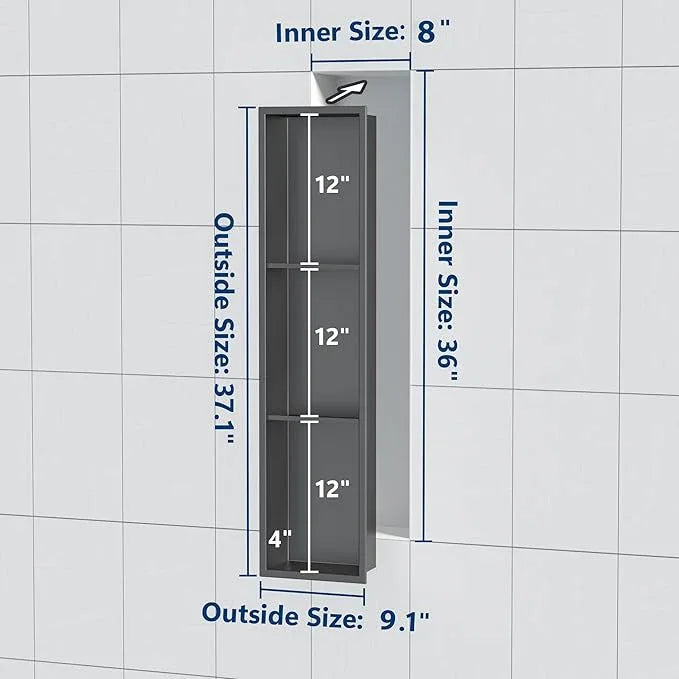 Qeke Stainless Steel Shower Niche 8" X 36", No Tile Needed Three-Tier Wall Niche, Recessed Shower Shelf for Bathroom Storage, Gun Metal - ModernBath