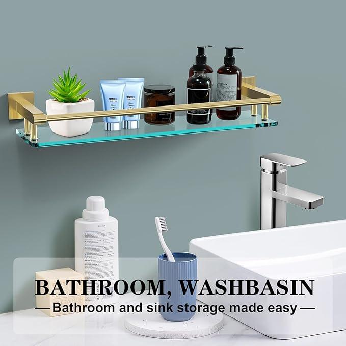 Glass Shelf for Bathroom, 20 Inch Tempered Glass with Brushed Gold Stainless Steel Railing, Floating Glass Shelves Sink Over Toilet Modern Bathroom - ModernBath