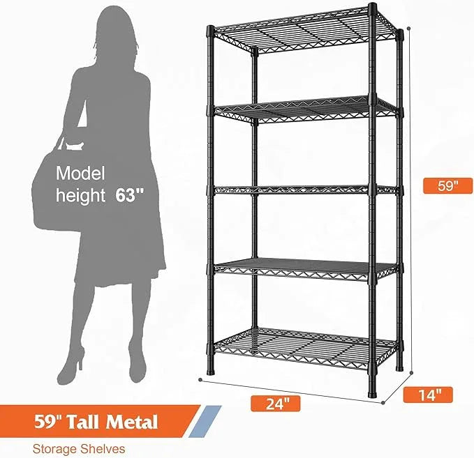 REIBII Wire Shelving Rack 5-Tier Metal Shelves for Storage Adjustable Garage Shelving Heavy Duty Storage Shelves for Storage Rack, 24" W X 14" D X 59" H - ModernBath
