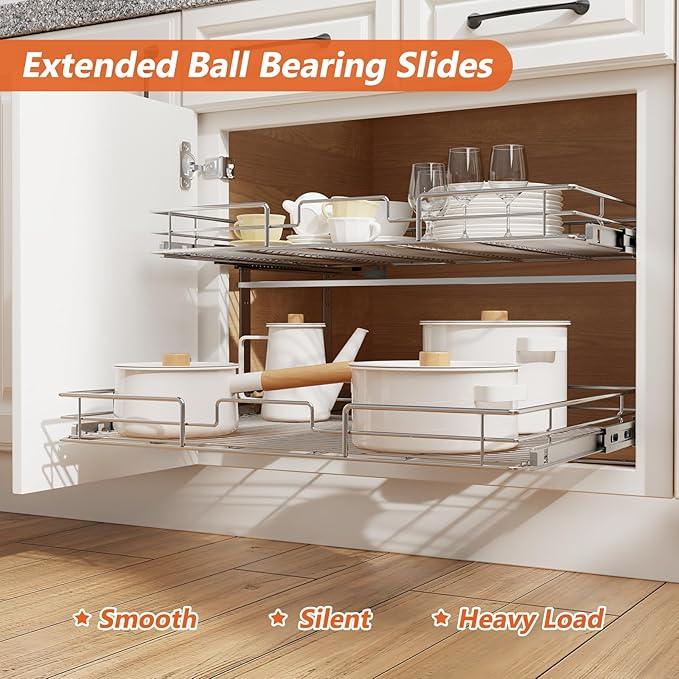 ROOMTEC Individual Pull Out Cabinet Organizer (28½" W x 21½" D), 2 Tier Spice Rack Organizer for Cabinet, Slide Out Drawer Pantry Shelf Organization and Storage for Kitchen Bathroom - ModernBath