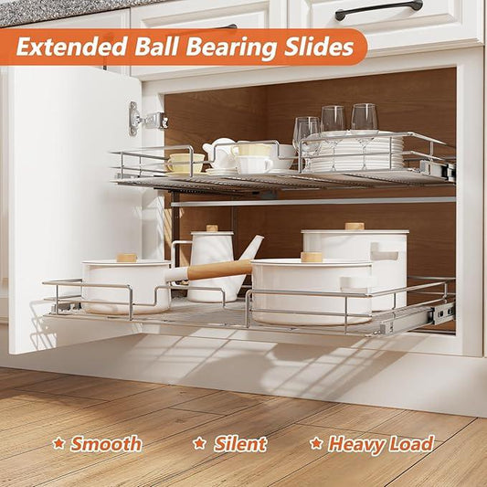 ROOMTEC Individual Pull Out Cabinet Organizer (28½" W x 21½" D), 2 Tier Spice Rack Organizer for Cabinet, Slide Out Drawer Pantry Shelf Organization and Storage for Kitchen Bathroom - ModernBath