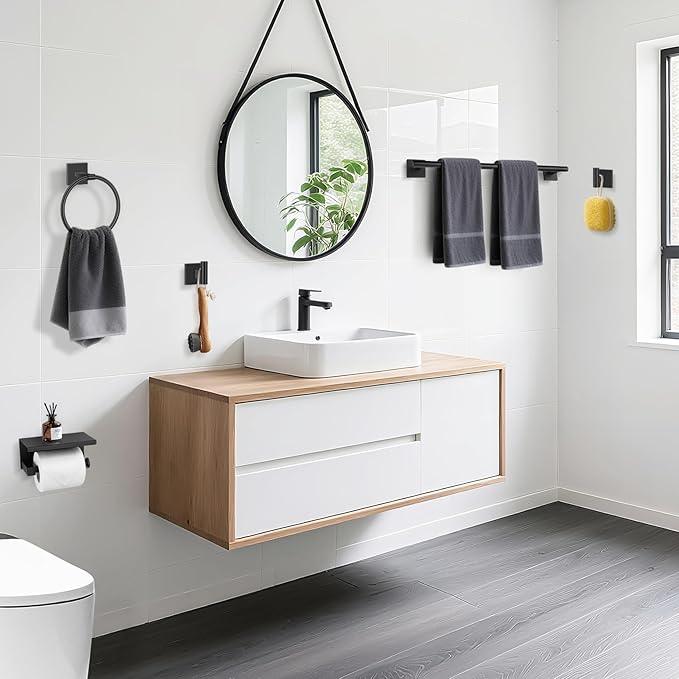 TURS 5-Pieces Matte Black Bathroom Hardware Set 23.6 Inch SUS304 Stainless Steel Towel Bar Set Wall Mounted Square Toilet Paper Holder with Shelf - ModernBath