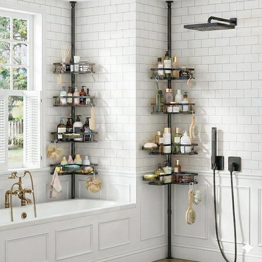 YASONIC Corner Shower Caddy Tension Pole, 25.7-109.1in Adjustable Shower Shelves, Rust-Resistant Shower Organizer, No-Drill 3-Step Installation, Bathroom Shelves for Renters & Family, Black - ModernBath