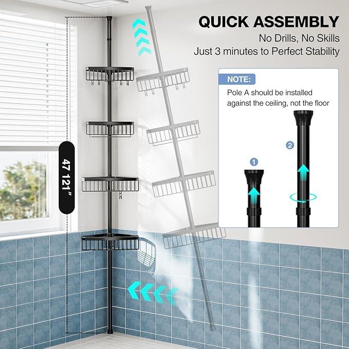 Corner Shower Caddy Tension Pole: Adjustable Rustproof 4-Tier Inside Bathroom Organizer - 47-121 inch Quick Installation Bathtub Shelves for Shampoo Storage - Rod Floor Standing Bath Rack - Black - ModernBath