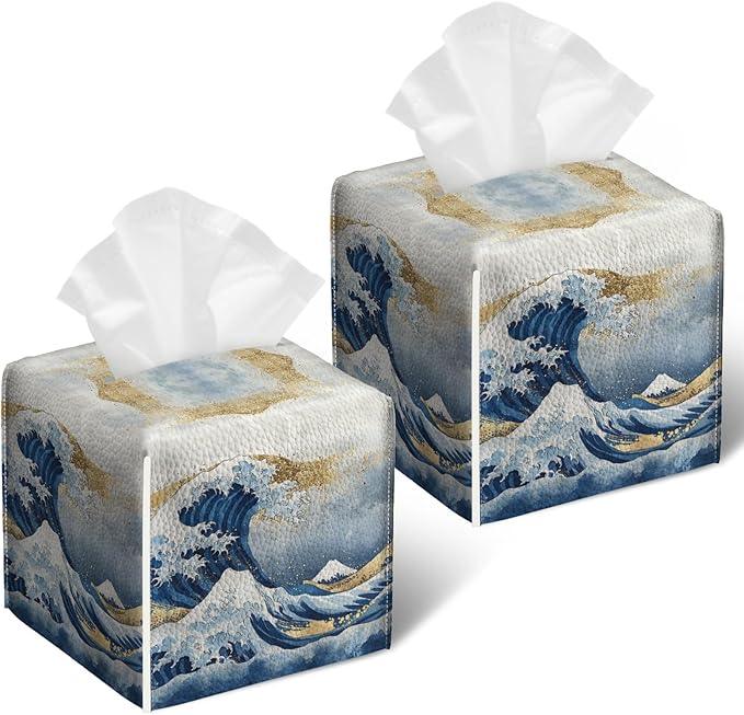 Art Great Wave Tissue Box Cover 2PCS, Leather Tissue Box Holder Square Facial Paper Case Tissue Box Cube Organizer for Bathroom Bedroom Desk Office - ModernBath