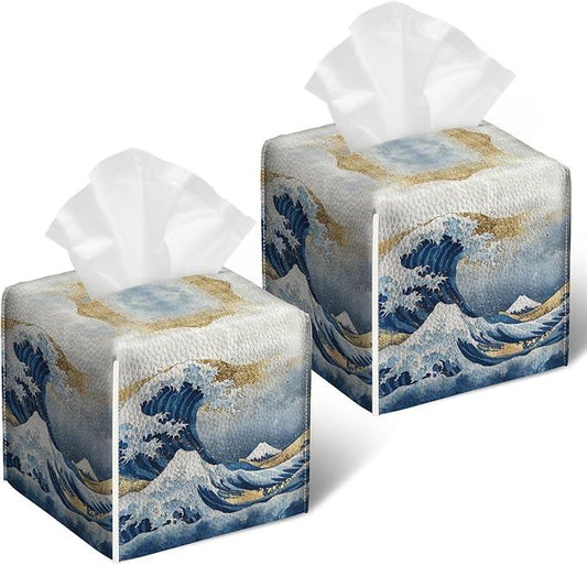 Art Great Wave Tissue Box Cover 2PCS, Leather Tissue Box Holder Square Facial Paper Case Tissue Box Cube Organizer for Bathroom Bedroom Desk Office - ModernBath