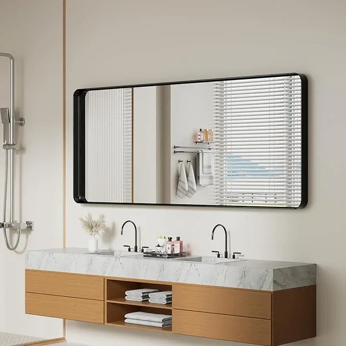 Koonmi Black Bathroom Mirror for Wall, 30x71 Inch Matte Metal Deep Framed Rounded Corner Wall Mirror, Shatterproof Tempered Glass for Farmhouse Bedroom Entryway, Vertically or Horizontally - ModernBath