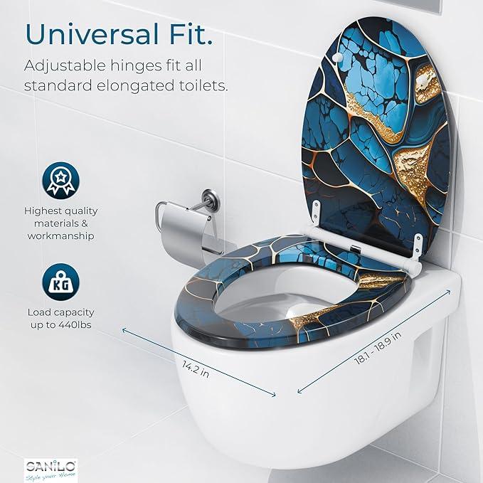 Sanilo Wooden Toilet Seat with Quick Release & Soft Close [ELONGATED] - Decorative & Slow Close Molded Wood Seat - With One Click for Easy Installation & Cleaning - With Adjustable Fit (Marble Cobalt) - ModernBath