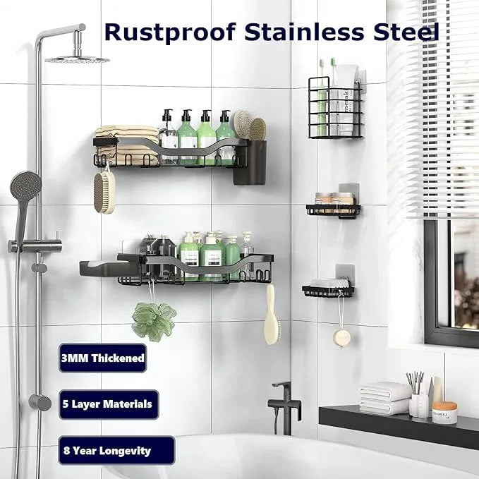 Shower Caddy Adhesive Shower Organizer 7-Pack, Rustproof Stainless Steel Bathroom Shelves, Large Capacity No-Drill Rack Storage Accessories with Soap Dish Toothbrush Holder &24 Hooks Home Decor - ModernBath