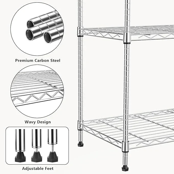 1000 lbs 4Tier Shelf Metal Storage Shelves Wire Rack Closet Organizers with Wheel for Garage Kitchen Bathroom Laundry Chrome 13.7" D x 29.5" W x 47.2" H - ModernBath