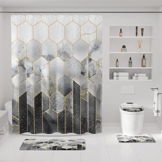 XLHOMO Bathroom Sets with Shower Curtain and Rugs - 4PC Grey Geometric Shower Curtain Set with 12 Hooks, Toilet Cover, U-Shaped Mat and Rugs Modern Abstract Bathroom Accessories for Bathroom - ModernBath