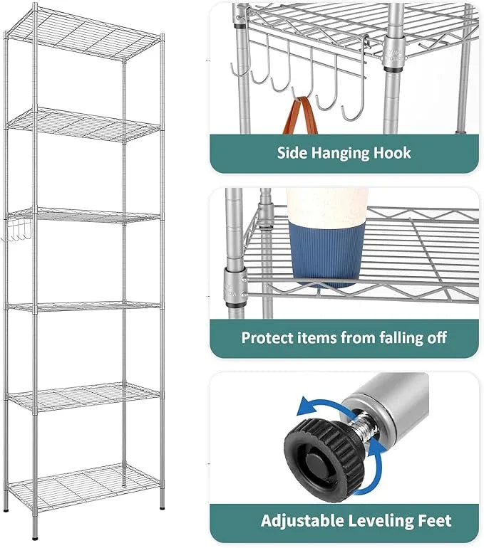 Homdox 6-Tier Storage Shelf Wire Shelving Unit Free Standing Rack Organization with Adjustable Leveling Feet, Stainless Side Hooks, Silver - ModernBath