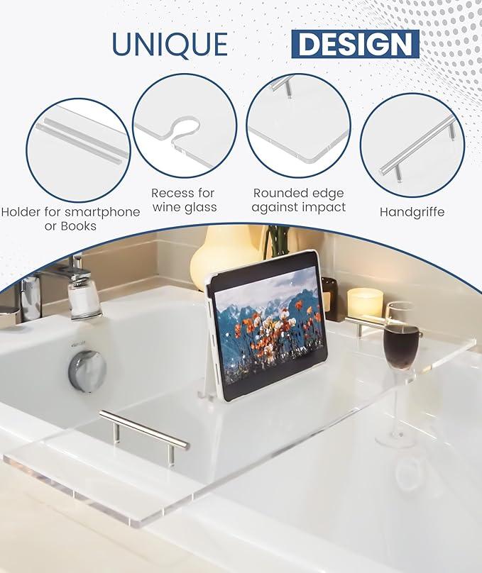 Ezcasch Acrylic Bathtub Tray Clear Bathtub Caddy Bath Tray Table for Tub Luxury Spa with Book and Wine Glass Holder Bathroom Accessories for Bathroom Decoration, Transparent 39.3inch - ModernBath
