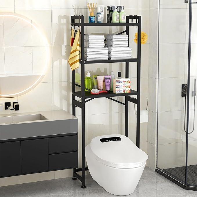 ZZL Over The Toilet Storage,3-Tier,Bathroom Toilet Organizer,Multifunctional Space Saver Freestanding Bathroom Shelves with 4 Hooks,Black - ModernBath