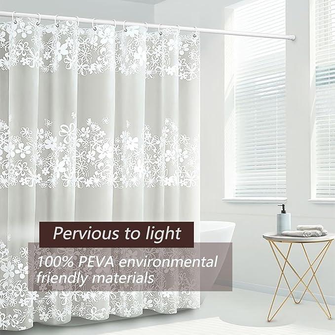 TIKABC Shower Curtain Liner, 4G PEVA Shower Liner, Plastic Waterproof Shower Curtains, with Grommet Holes and 3 Magnetic Weights(White Flower) - ModernBath