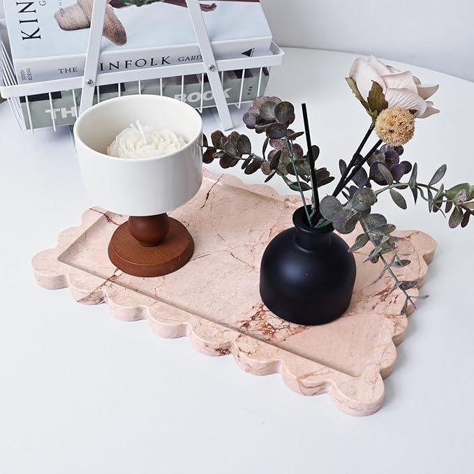 Yew & Tulip Natural Marble Vanity Tray with Scalloped Rim, Nature Rose Pink Luxury Stone Serving Tray for Bathroom, Kitchen, Vanity, Home Decor, Wedding etc. (12"x 8" x 0.6") - ModernBath