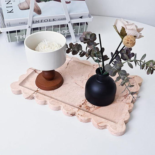 Yew & Tulip Natural Marble Vanity Tray with Scalloped Rim, Nature Rose Pink Luxury Stone Serving Tray for Bathroom, Kitchen, Vanity, Home Decor, Wedding etc. (12"x 8" x 0.6") - ModernBath