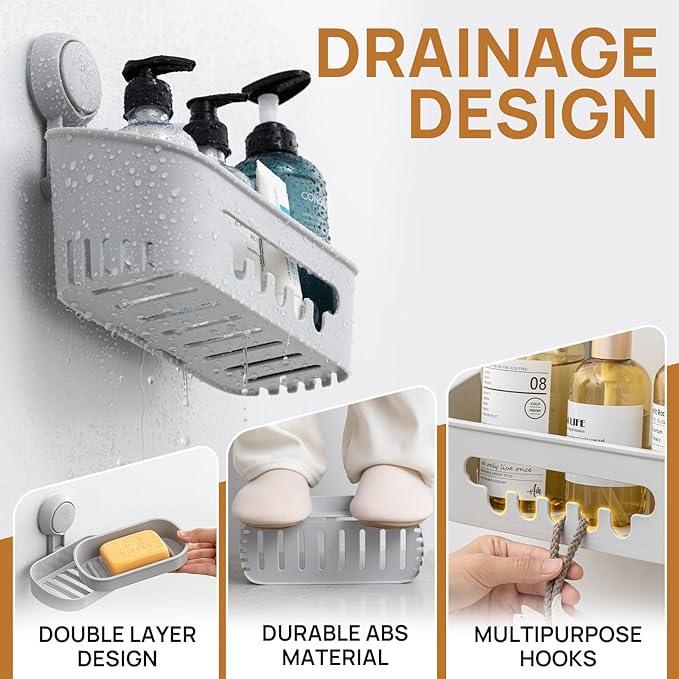 LEVERLOC Shower Caddy Suction Cup Set Shower Organizer & Soap Holder & Toothbrush Holder, Bathroom Shelf Basket NO-Drilling, Removable Suction Storage Waterproof Bathroom Caddy, Gray - ModernBath