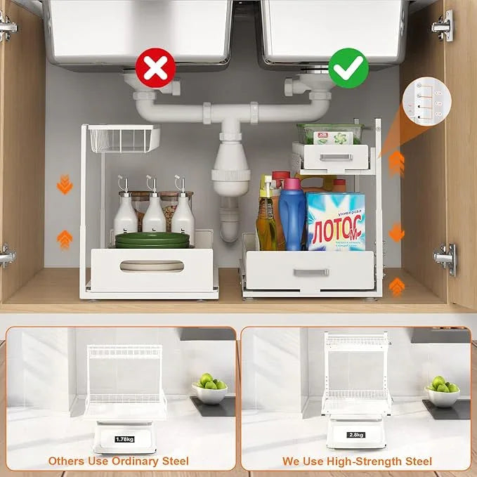 Under Sink Organizer,2 Tier Slide Out Kitchen Cabinet Organizers with Pulley,Under Bathroom Sink Pull Out Organizer with Multiple Height Adjustments for Kitchen and Bathroom Cabinets-White - ModernBath
