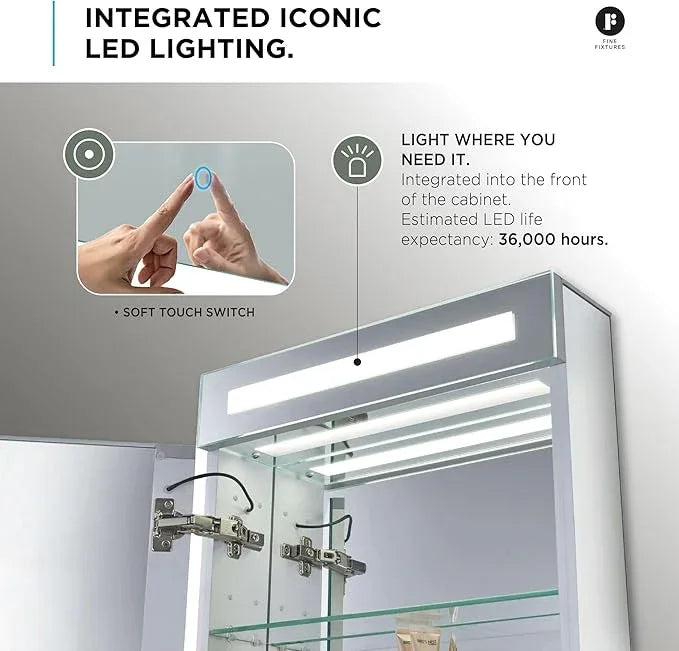 Fine Fixtures Bathroom Medicine Cabinet, Aluminum, Recessed/Surface Mount, Mirrored Interior w/LED (20 x 40 Left) - ModernBath