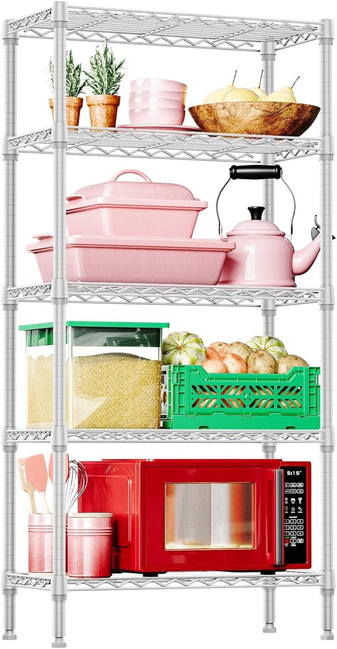 IZEUK 5 Tier White Metal Storage Shelves, Heavy Duty Wire Shelving Rack for Garage, Kitchen, Bathroom, Laundry, or Closet Organization, 1250 lbs Capacity, 11.8" D x 29.5" W x 59.5" H - ModernBath