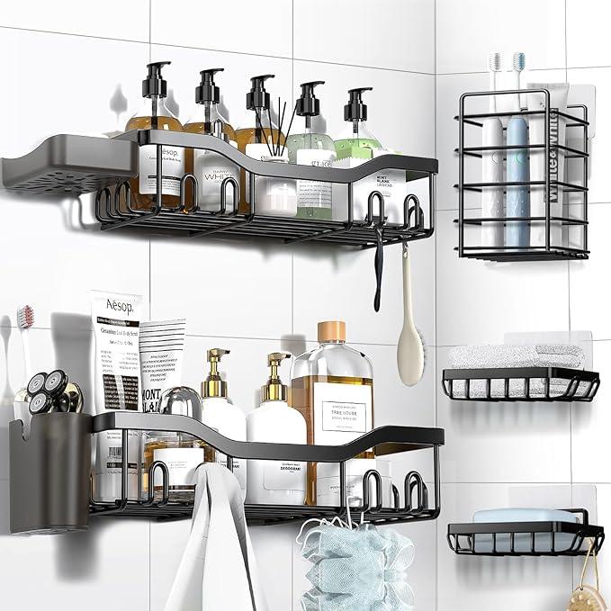 Shower Caddy Adhesive Shower Organizer 7-Pack, Rustproof Stainless Steel Bathroom Shelves, Large Capacity No-Drill Rack Storage Accessories with Soap Dish Toothbrush Holder &24 Hooks Home Decor - ModernBath
