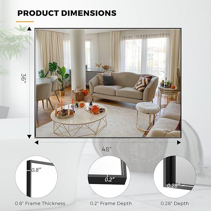 Bonverre 36x48 Inch Black Bathroom Mirror for Wall, Aluminum Frame Rectangle Rectangular Vanity Mirror, Modern Large for Bedroom, Living Room, Horizontal or Vertical - ModernBath