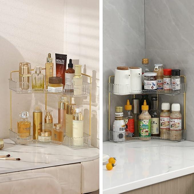 INVSSENE Corner Bathroom Countertop Organizer, Vanity Trays for Counter, Makeup Organizers, Perfume Tray, Kitchen Spice Rack, (Clear, 2 Tiers) - ModernBath