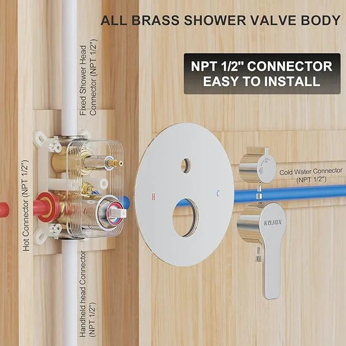 KOJOX Shower Set - Polished Chrome High Pressure Shower Head System- 3 Setting Headheld Shower Head Fixtures- Valve Included - ModernBath