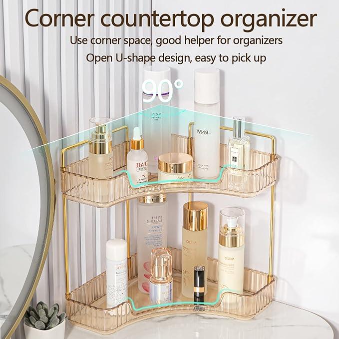 shuang qing 2-Tier Corner Bathroom Counter Organizer – Classic Storage Shelf for Makeup, Perfume & Toiletries, Space-Saving Countertop Tray Fits Bathroom, Dresser, Kitchen (Vintage Gold) - ModernBath