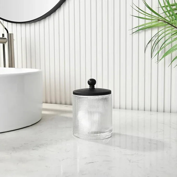 Indecor Home Clear Transparent Apothecary Ribbed Geometric Etched Glass Jar W/Matte Black Metal Lid Cover for Bathroom Organization, Cotton Balls, Q Tips, and Small Accessories, Bathroom Storage - ModernBath