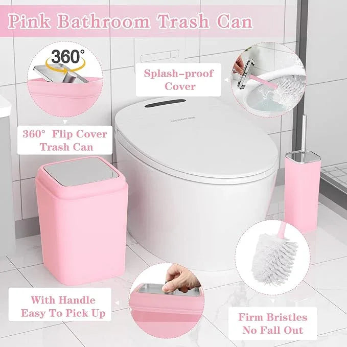 XLHOMO Pink Bathroom Accessory Set, Plastic Bathroom Set with Tray, Soap Dispenser, Toothbrush Holder, Toothbrush Cup, Soap Dish, Toilet Brush, Trash Can and Q-tip Holders for Bathroom/Housewarming - ModernBath