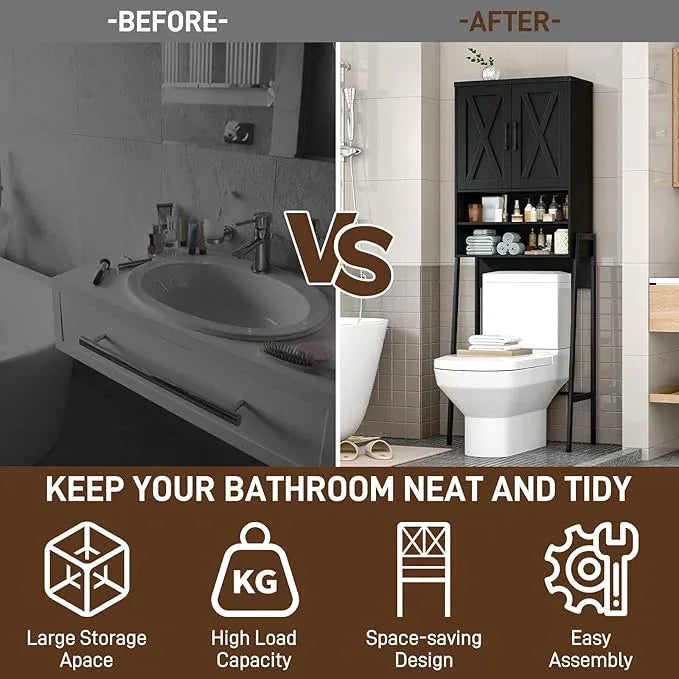 Vabches Over The Toilet Storage Cabinet, Farmhouse Over Toilet Storage Cabinet, Metal Frame with 2 Barn Doors, Home Space-Saving Toilet Rack for Bathroom, Toilet, Laundry Room,Black - ModernBath