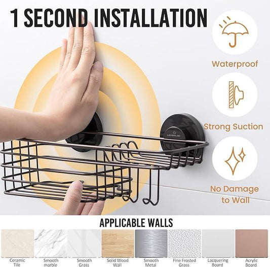 LEVERLOC Shower Caddy Suction Cup, Heavy Duty Bathroom Organizer for Inside Shower with Hooks & Soap holder， NO-Drilling Bathroom Holder-Brown - ModernBath