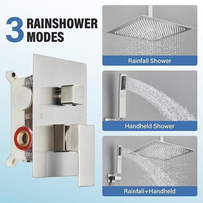 Shower Faucet Set Brushed Nickel Rain Shower System with High Pressure 8 Inches Rain Shower Head and Handheld Spray Bathroom Luxury Rain Mixer Shower Complete Combo Set Ceiling Mounted - ModernBath