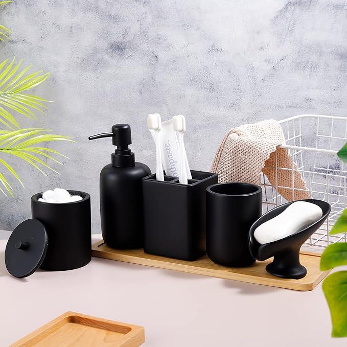 Resin Matte Black Bathroom Accessories Set of 5, Lotion Soap Dispenser, Bathroom Organizer Accessory, Toothbrush Holder, Self Draining Soap Dish and Bathroom Tumbler for Modern Home Decor - ModernBath