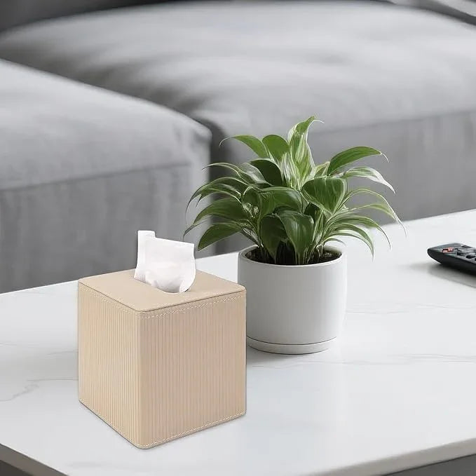 DODAMOUR Vertical Stripe Tissue Box Cover Cube – Ribbed PU Leather Square Holder, Magnetic Bottom Napkin Dispenser for Modern Home Office, Bedroom Nightstand (Khaki) - ModernBath