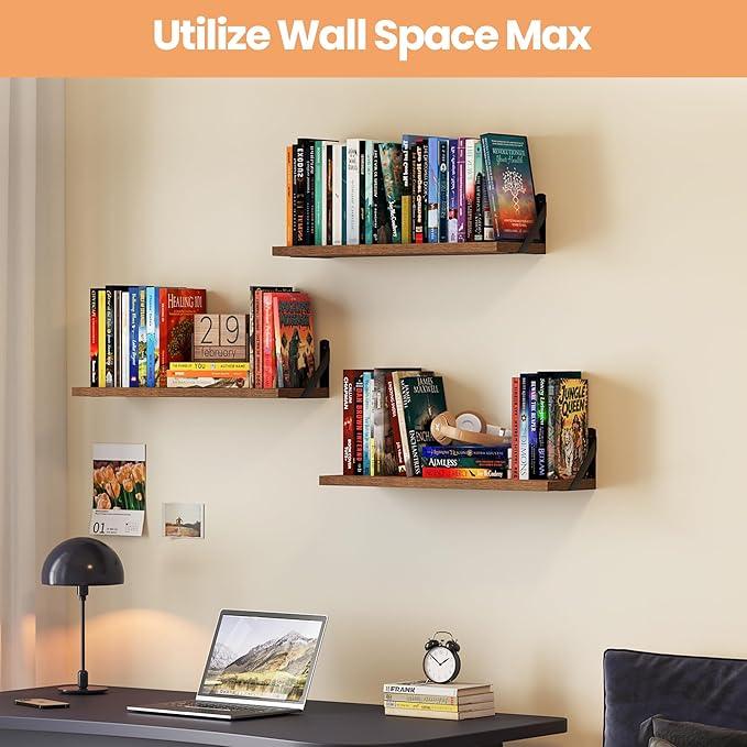 upsimples Floating Book Shelves for Wall, 23.6 Inches Floating Wood Shelves for Living Room, Laundry Room, Bedroom, Office Organizer and Storage, Brown - ModernBath