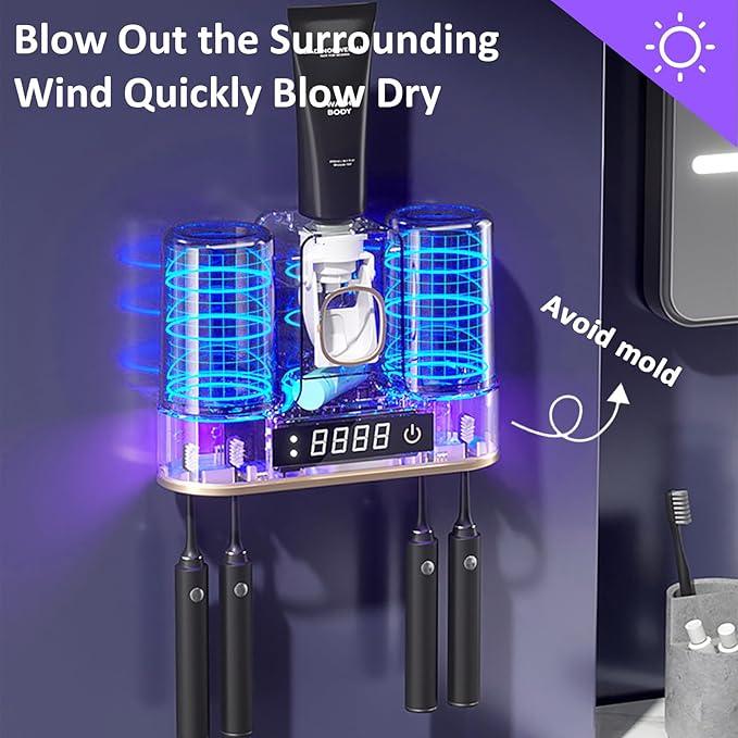 Toothbrush Holders for Bathrooms with Air-Drying, Toothbrush Sanitizer Holder with Smart Countdown LED Screen, 2 Cups Electric Toothbrush Holders Wall Mounted with Toothpaste Dispenser - ModernBath