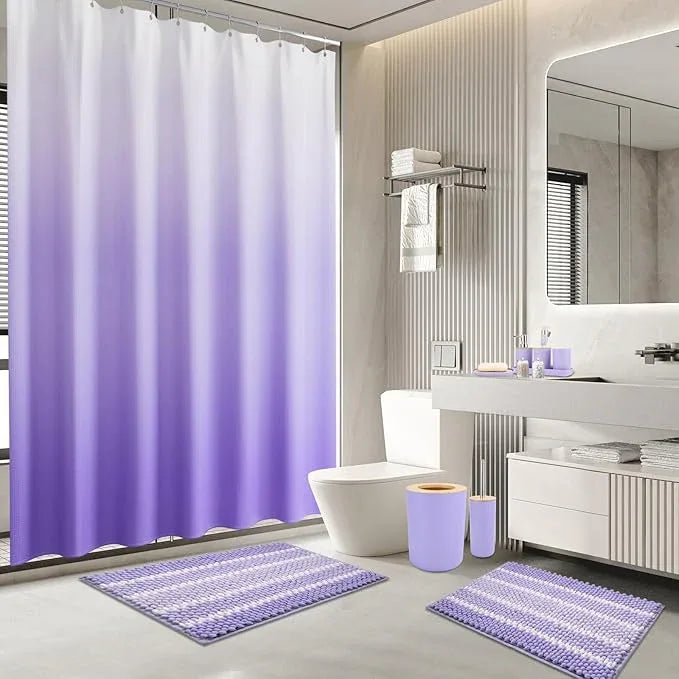 SLDIYWOW Purple Bathroom Accessories Set with Ombre Shower Curtain and No-Slip Bath Rugs,24PC Bath Sets with Trash Can, Toothbrush Holder, Cup, Soap Dispenser, Tray, Soap Dish,Toilet Brush,Qtip Holder - ModernBath