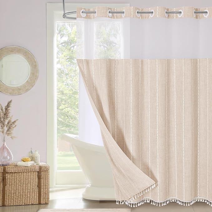 MitoVilla No Hooks Needed Farmhouse Shower Curtain with Snap-in Liner - with Window & Magnets, Boho Cotton Linen Fabric Shower Curtains with Tassels for Rustic Bathroom Decor, Beige/Cream, 72 x 74 - ModernBath