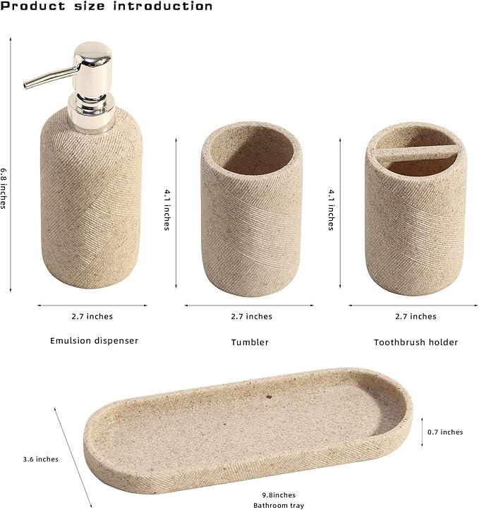 Bathroom Accessories Set, Bathroom Organizer Countertop, Soap Dispenser and Toothbrush Holder, Mouthwash Cup, Tray Set, Vanity Tray for Bathroom, 4 Pieces Modern Decor (Beige) - ModernBath