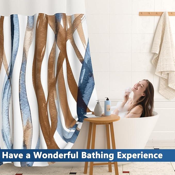 Blue and Brown Striped Shower Curtain and Liner Set, Hotel Luxury Waterproof Double Layers Fabric No Hook Shower Curtain, Modern Abstract Geometric Bathroom Curtains with Top Sheer Window, 71x74 Inch - ModernBath