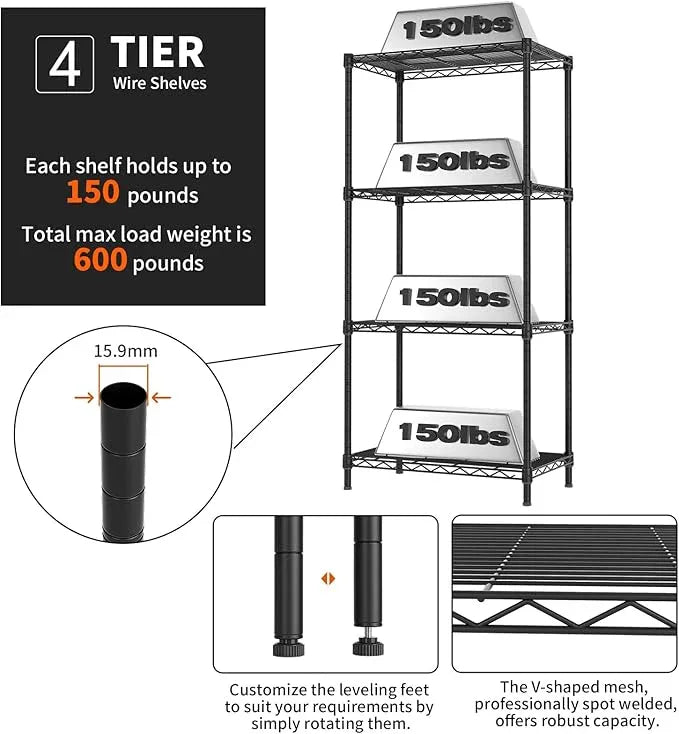 4 Tier Adjustable Storage Shelves,Heavy Duty Metal Utility Shelf 600LBS Capacity,Wire Shelving Unit Organizer Rack for Home Kitchen Office BathroomM Pantry Room 12" D x 22" W x 43.5" H Black - ModernBath