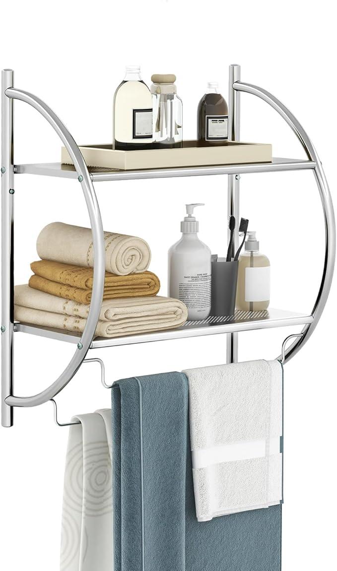 GOFLAME Wall Mounted Bathroom Shelf, 2-Tier Chrome Towel Rack with Leaky Design Shelves, Towel Bars, Chrome Bathroom Shelf for Living Room Kitchen Bathroom (1, Silver) - ModernBath