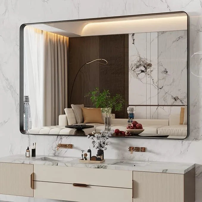 WEER 55X36 Inch Black Metal Framed Bathroom Mirror, Black Bathroom Vanity Mirror Farmhouse, Rounded Rectangular Matte Black Wall Mirrors, Tempered Glass, Anti-Rust (Horizontal/Vertical) - ModernBath
