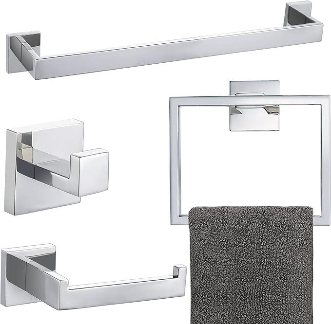 4-Piece Bathroom Hardware Set Chrome Bath Towel Bar Holder Sets Wall Mounted Stainless Steel Bathroom Accessory Kit, Polished Chrome 23.6 Inch - ModernBath